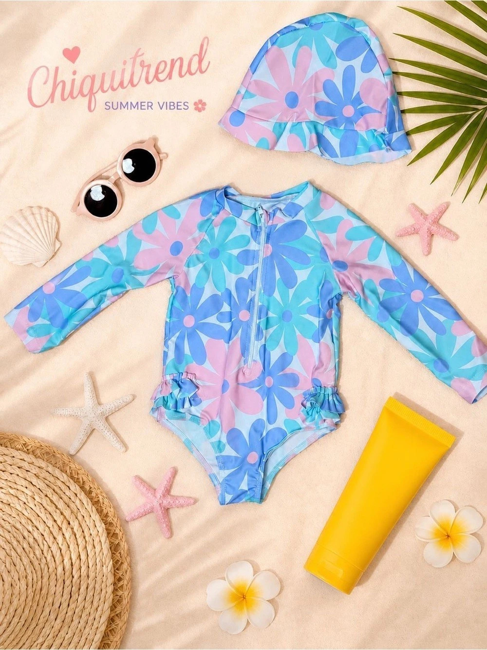 Chiquittrend Floral One-Piece Swimsuit with Hat